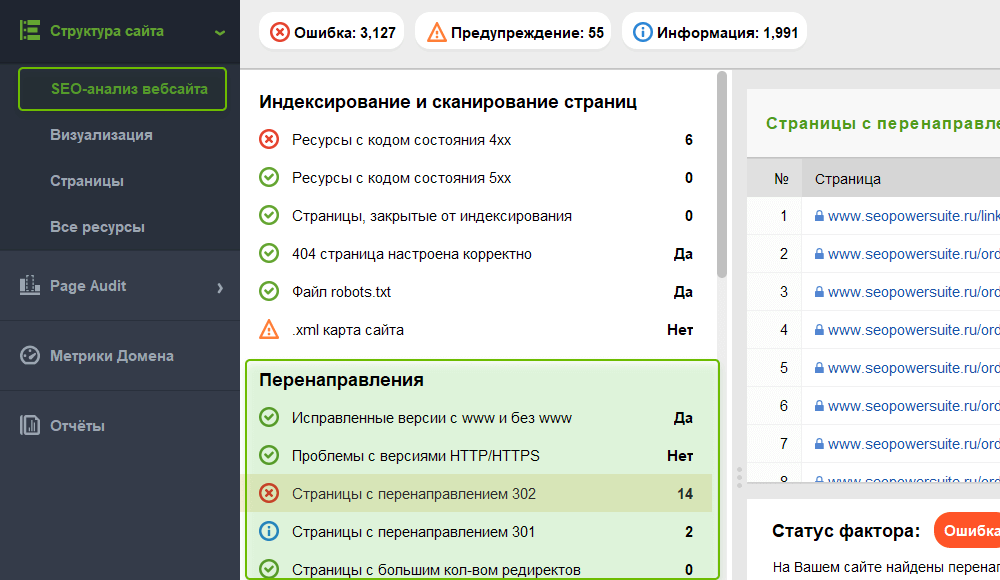 Аудит сайта на наличие битых ссылок и редиректов в WebSite Auditor