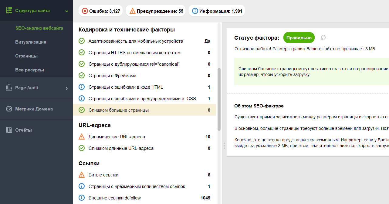 WebSite Auditor находит слишком большие страницы, которые ухудшают показатели скорости