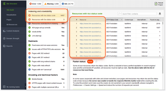 Checking status codes in Website Auditor