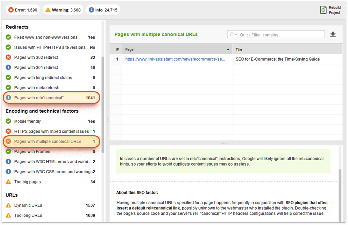 Checking for canonical errors in Website Auditor