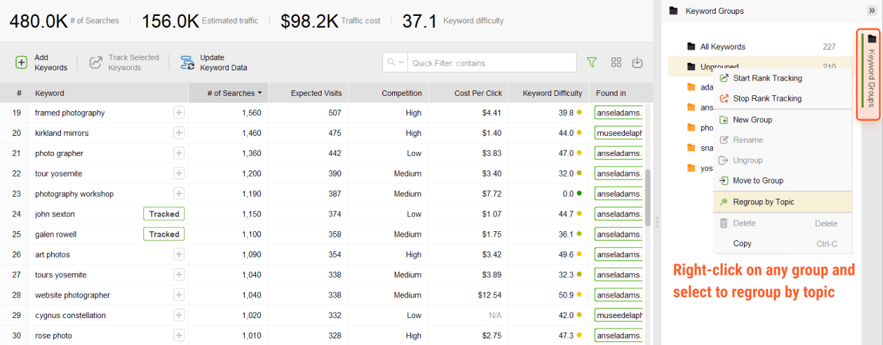 Right-click on a keyword group, choose Regroup by topic, and select the level of similarity - high, medium, or low