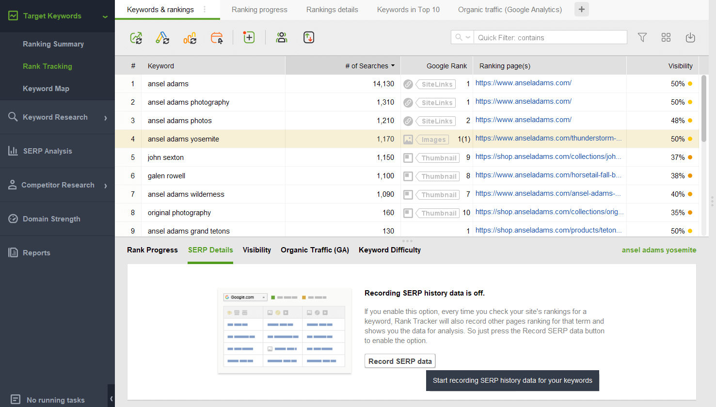 Hit the Record SERP data button for the tool to start checking the SERP