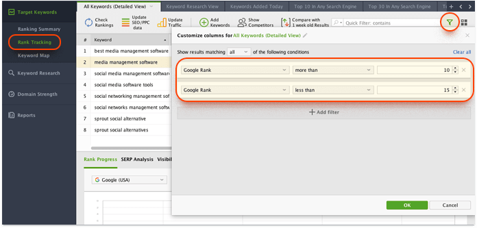 Használjon szűrőket a Rank Trackerben