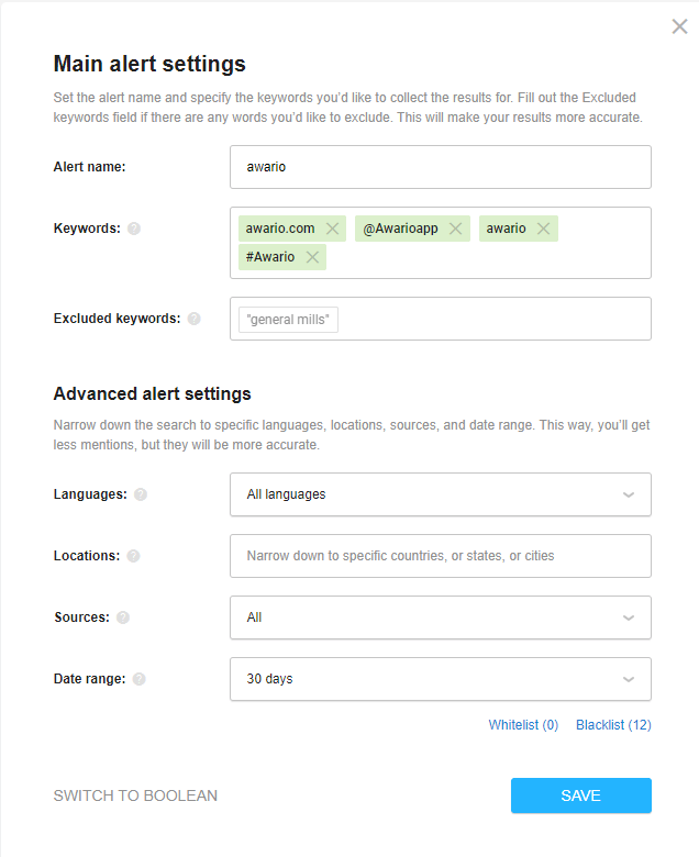 awario alert settings