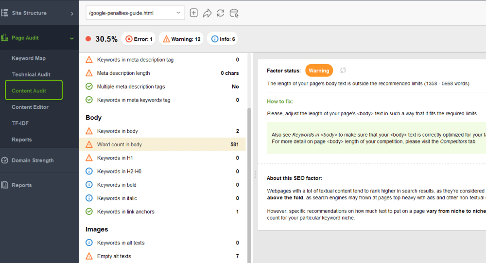 On-page content audit gives optimization tips based on the comparison of top 10 ranking pages