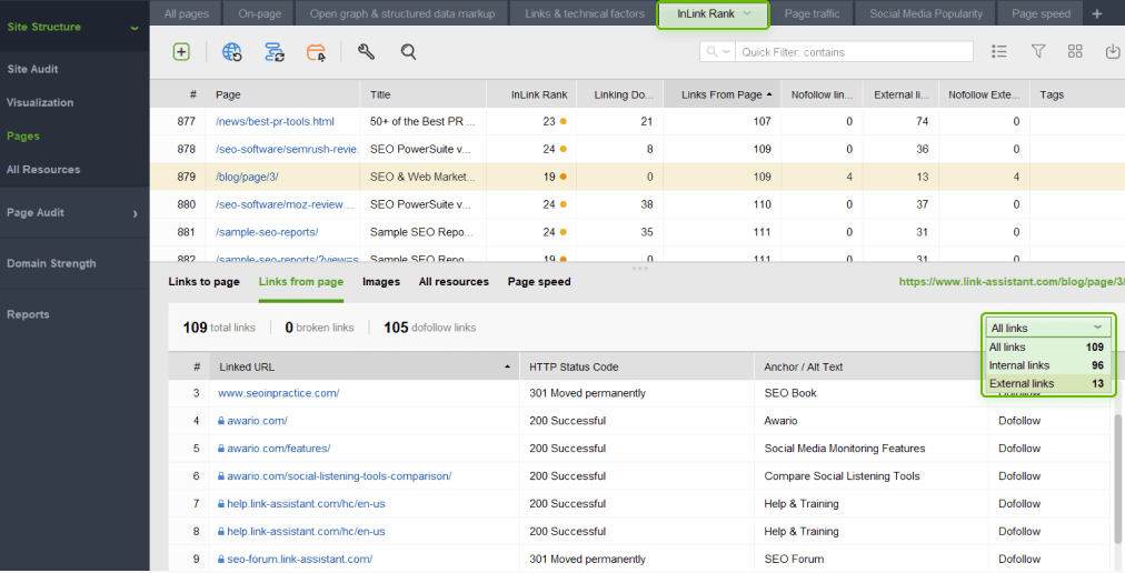 Auditing outbound links in WebSite Auditor