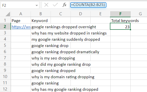 using COUNTA formula in Excel