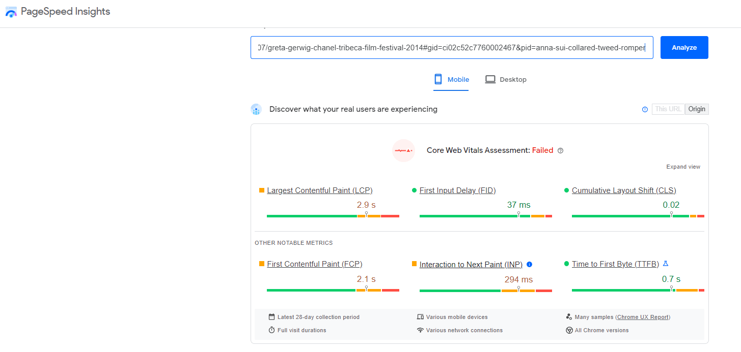 Example of PageSpeed Insights report