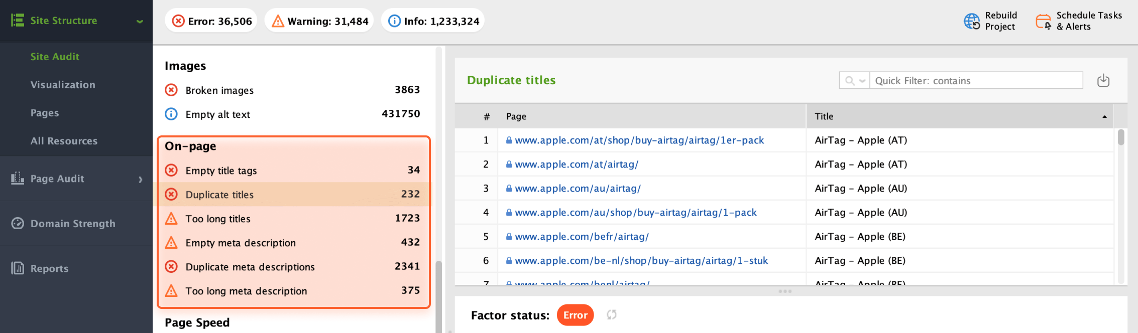 On-page SEO dashboard