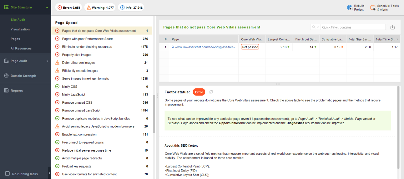 Chcek Page Speed issues on a site with WebSite Auditor