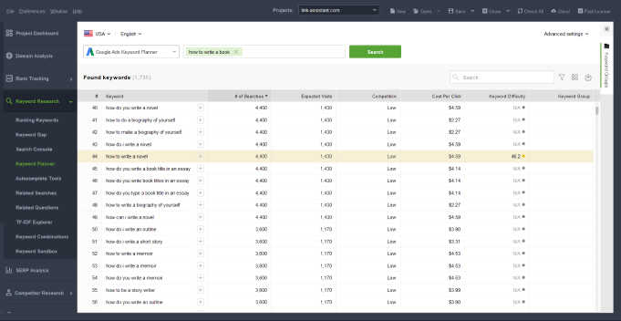 Keyword research in Rank Tracker