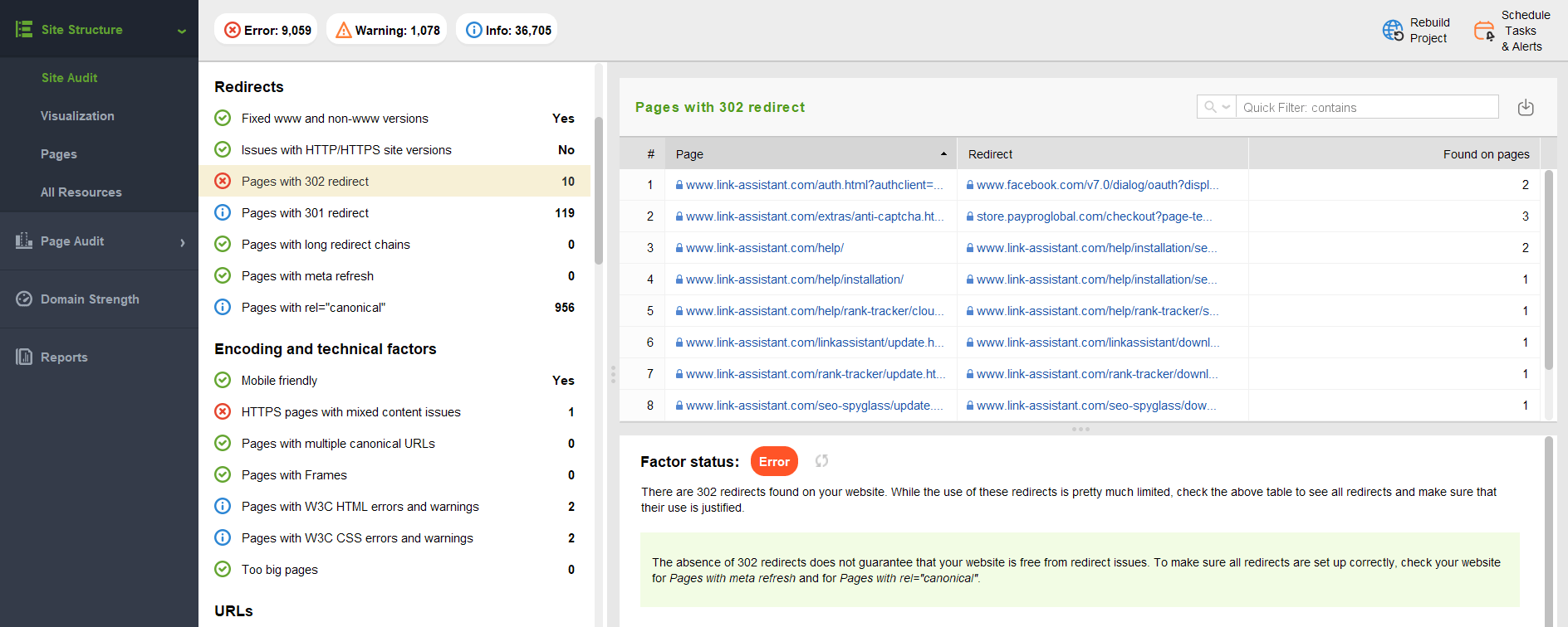 WebSite Auditor's dashboard with the Redirects section open